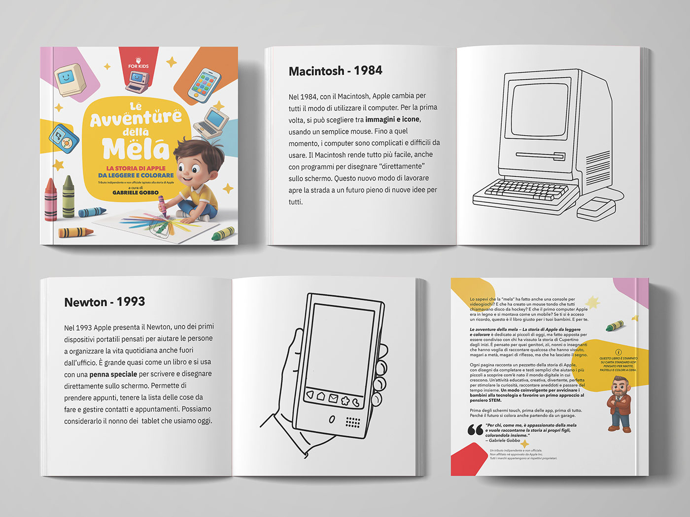 Pagine interne del libro sulla storia di Apple con Macintosh e Newton da colorare